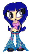 A tiny retro cartoon pixel dolly, she has purply pinktails and huge alien eyes
