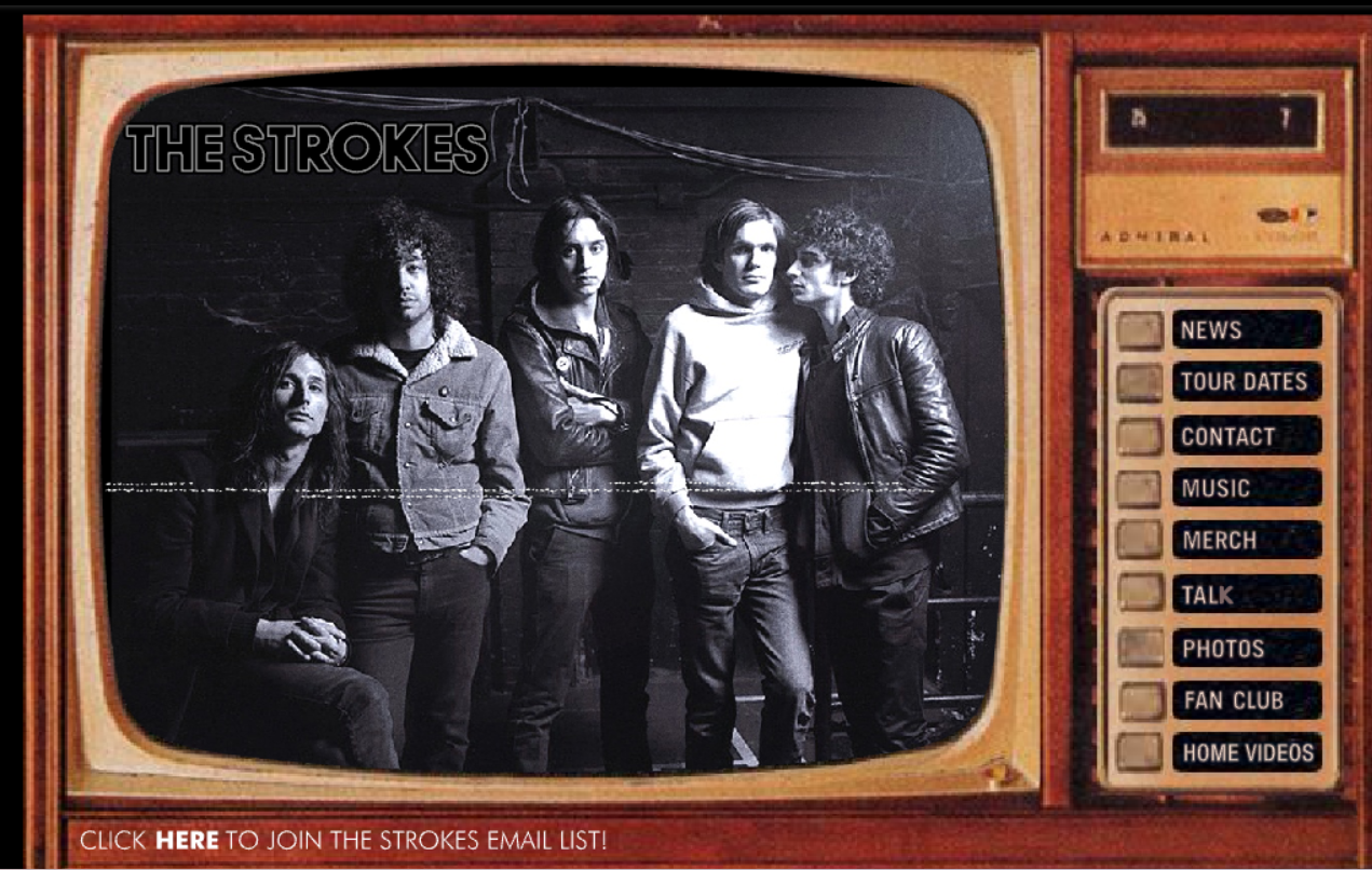 Screenshot from The Strokes website around year 2004. It's a Flash site. On the image you can see a vintage TV with a menu on the right side and a picture of the band in the screen